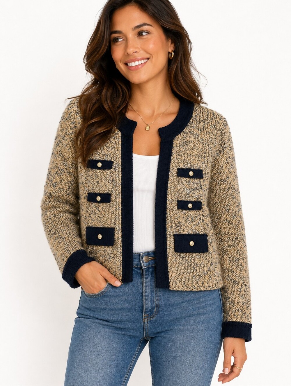 Rich Japanese Label Chunky Knit Cardigan Sweater Beige Navy Gold Button Cropped